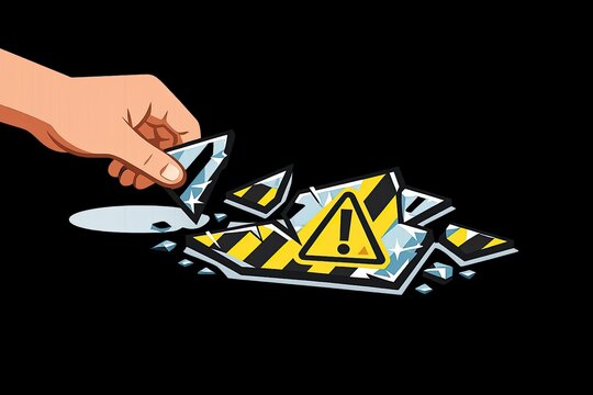 A hand holds a knife and cuts through a broken CD, with shards of plastic flying off