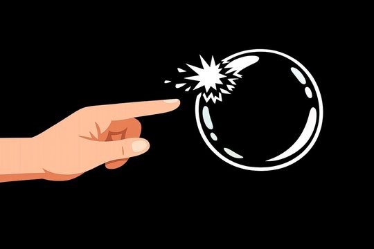 A hand points towards an explosive device as it detonates, with smoke and debris filling the air