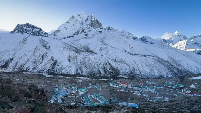 Ama Dablam peak towering above Dingboche village in Himalayas, Nepal