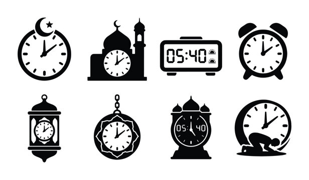 Islamic Timekeeping Icons: Mosque, Prayer, Clocks, Lanterns, and Alarms, Vector Set