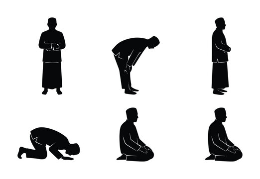 Islamic Prayer Poses Vector Icons, Muslim Salat Rakat Sequence, Worship Silhouette Set