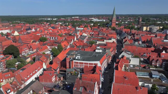Luneburg, the German medieval town on SUnny day, Aerial shot. Northern Fachwerk and Brick Facades in Lueneburg, Germany.