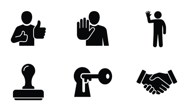 Business Icons Set: Thumbs Up, Stop Hand, Waving Person, Stamp, Keyhole, Handshake Graphics