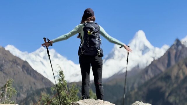 Female hiker celebrating with Ama Dablam and Lhotse views in Nepal
