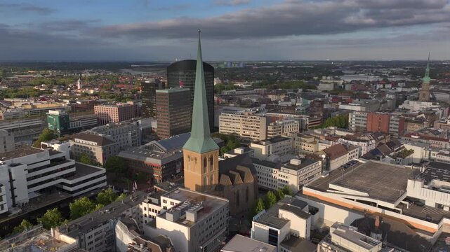 Cityscape of Dortmund Old Town, Aerial Drone Shot in Soft Evening Light. Nord Rhine Westfallen, Germany. 