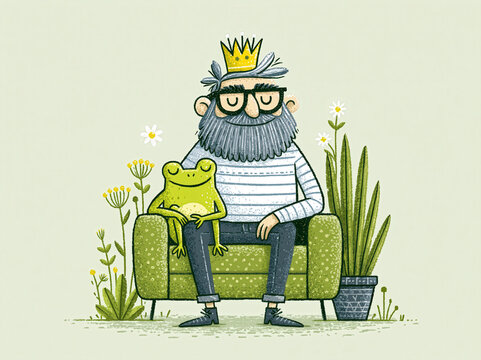 Whimsical textured storybook illustration of a smiling man with a beard and crown sitting with a green frog in a cozy armchair created with Generative AI Technology, ai, generative