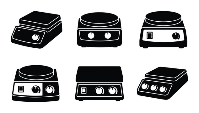 Laboratory Hot Plates and Stirrers Icons, Scientific Equipment Vector Set, Black and White Industrial Appliance Graphics
