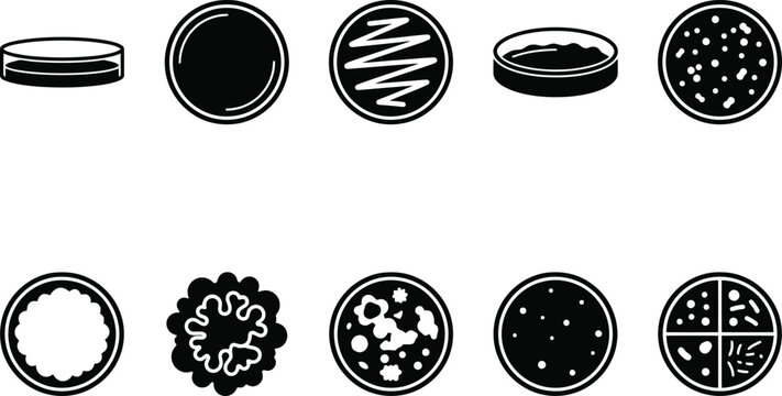Hantavirus Set of Icons Representing Petri Dishes and Microbial Growth Keywords: petri dish, culture, bacteria, mold, fungus, microorganism, growth, colony, laboratory, science, research, biology