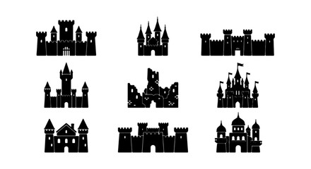 Castle Icons Set, Medieval Fortress Silhouettes, Fantasy Kingdom Buildings, Royal Architecture Vector Collection © Tahmina