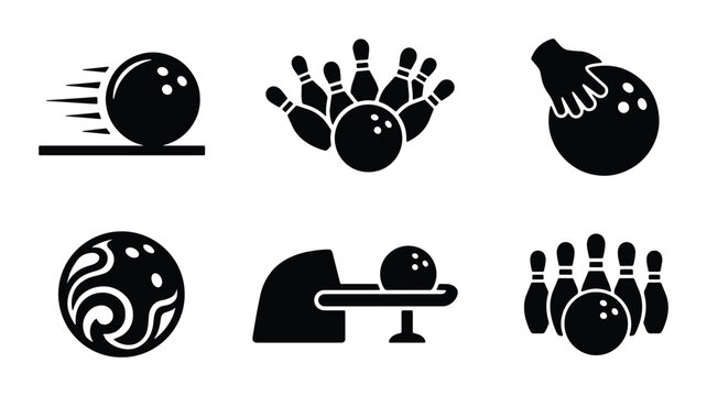 Bowling Icons Set: Ball, Pins, Strike, Game, Sport, Recreation, Vector Graphics, Black and White
