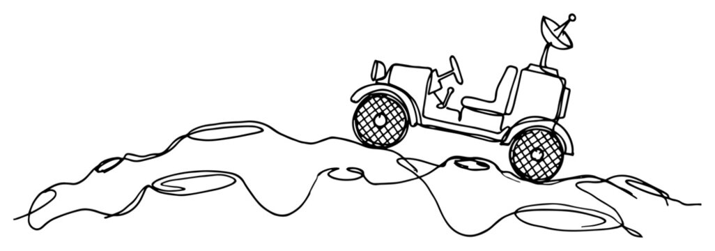 Lunar rover vehicle driving on moon surface in minimalist continuous line art style