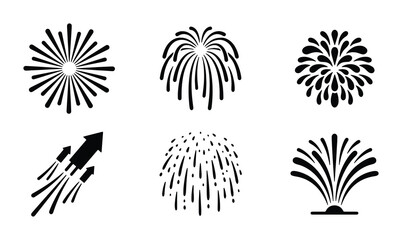 Six Black Fireworks Icons, Celebration Pyrotechnics Vector Set, Festive Explosions Graphics © Samia