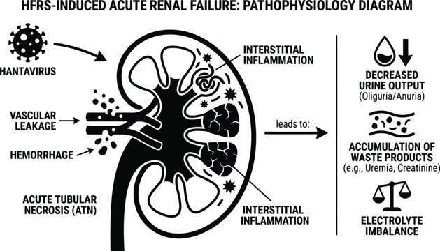 Hantavirus Induced Acute Renal Failure Pathophysiology Diagram Showing Kidney Damage and Symptoms vector