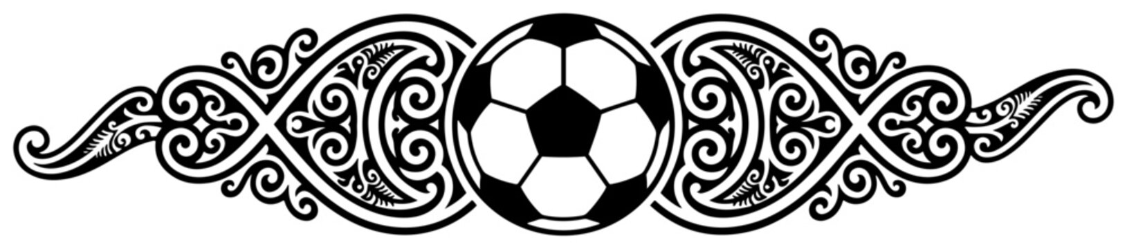 Soccer ball with decorative tribal maori pattern horizontal banner