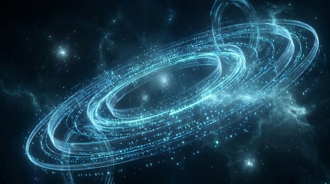 Abstract digital galaxy with glowing blue swirling rings and binary code particles in deep space representing data flow and artificial intelligence concepts with luminous nebulae