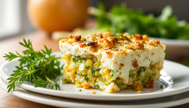 Goat cheese, leek and herb stuffing served onto a plate, Backlit. White tone
