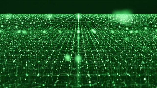 Glowing green digital grid lines moving forward in a cinematic perspective creating an infinite abstract technological motion loop sequence