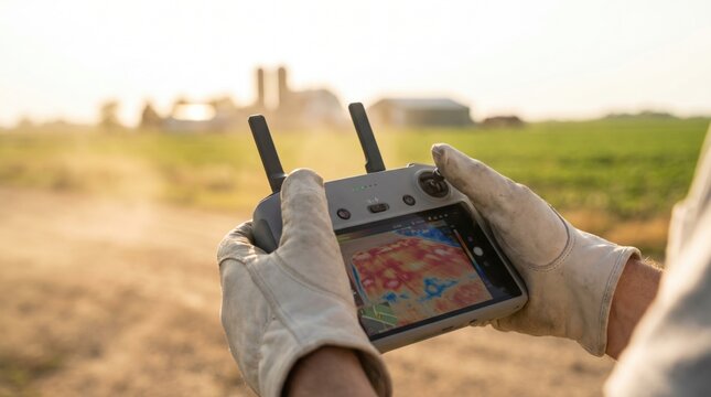 Agricultural worker wearing gloves operating a drone with a thermal camera screen over a farm field