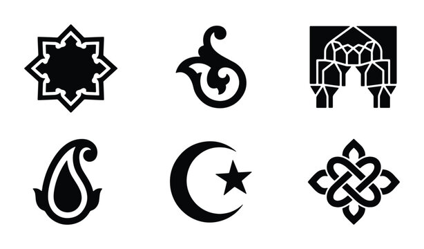 Islamic Geometric Patterns, Paisley, Crescent Moon Star Icons: Vector Symbols for Culture, Religion, Art