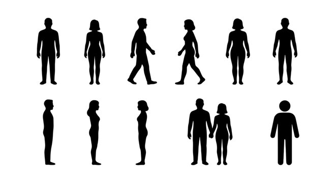 Diverse Human Silhouettes, Male and Female Figures, Walking and Standing Poses, Vector Icons