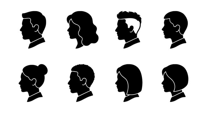 Diverse Human Profile Silhouettes, Vector Icons Set, Male and Female Head Shapes