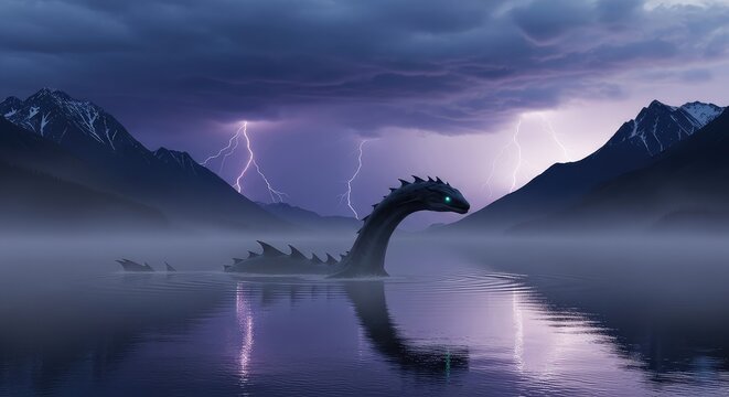 Mysterious water beast glides through a foggy lake during a thunderous dawn, surrounded by ancient mountains and heavy atmospheric clouds, majestic, serpent, ripples