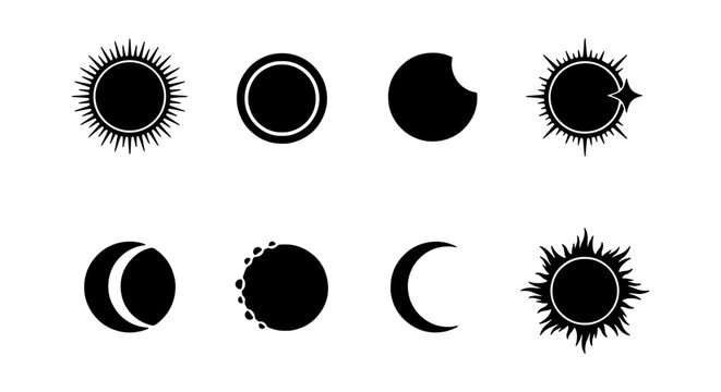 Celestial Icons: Sun, Moon Phases, Eclipse Vector Set for Cosmic Design