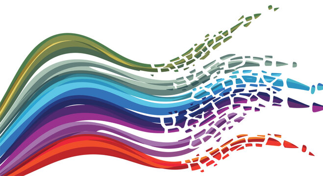 Dynamic abstract illustration showcasing vibrant, flowing waves elegantly breaking apart into numerous shattered fragments, all strikingly set against a clean white background.
