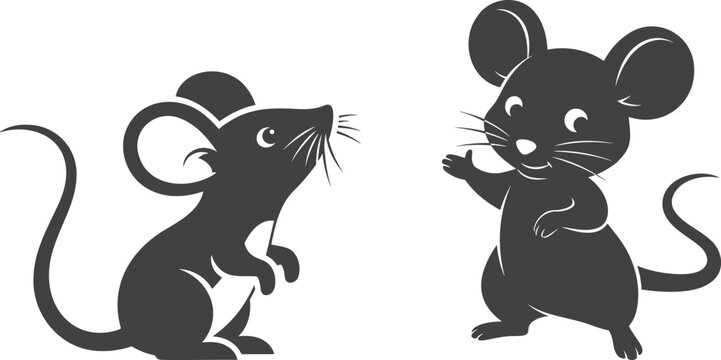Two black cartoon mice standing on their hind legs and looking at each other isolated on white background