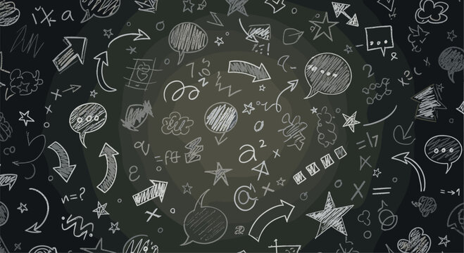 Engaging seamless pattern composed of charming hand-drawn chalk doodles, featuring various arrows, speech bubbles, and playful symbols, all on a classic dark chalkboard background.