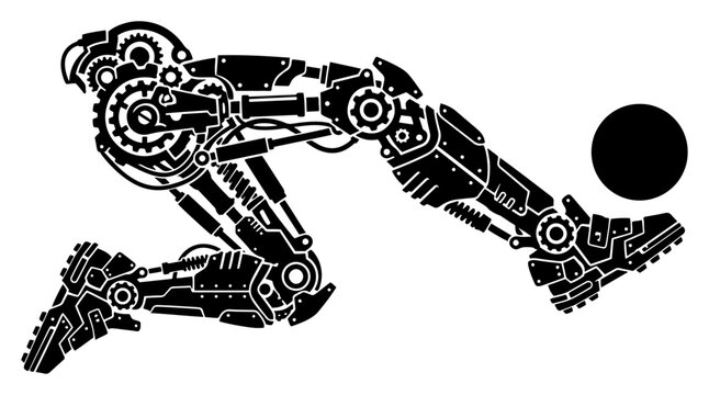 Mechanical robotic leg kicking a soccer ball in cybernetic steampunk vector style