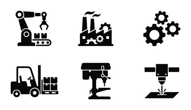 Industrial Machine Icons Set: Factory, Robot Arm, Forklift, Gears, Drill Press, Laser Cutter