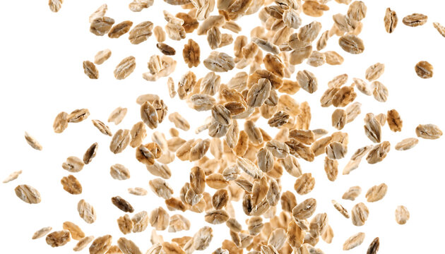 Breakfast cereal oat flakes flying isolated on white background PNG. AI GENERATED.