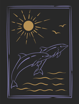 Two dolphins backdrop of sea and seagulls, illuminated by the sun on dark background. Vintage hand-drawn sketch.