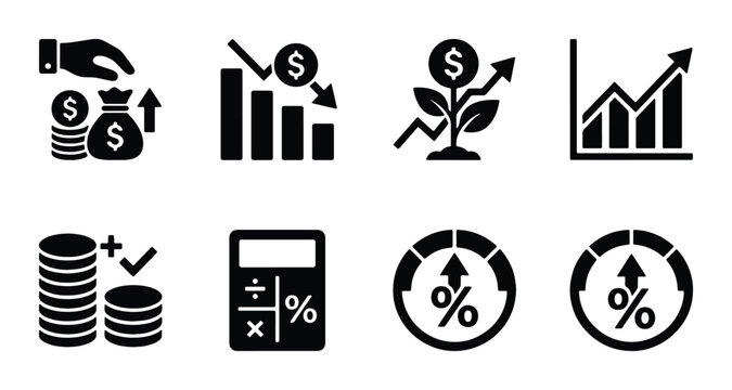 Financial Growth Icons: Investment, Profit, Loss, Calculator, Market Trends, Data Analysis, Business Finance