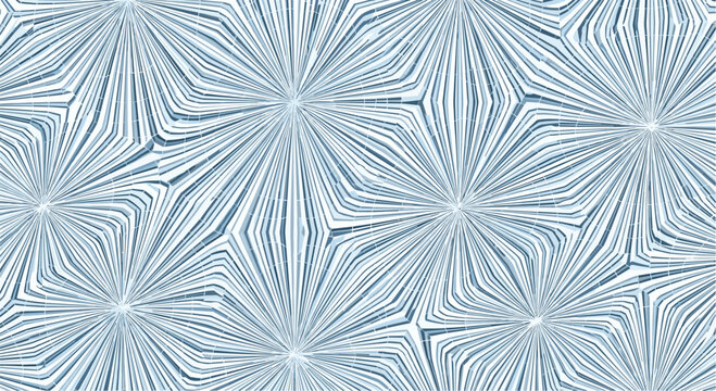 Elegant seamless abstract pattern crafted from radiating lines, creating beautiful star-like or delicate floral motifs in subtle shades of light blue and pristine white.