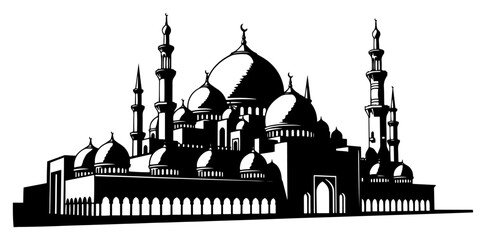 Mosque with multiple domes and minarets in bold black and white graphic style © Cristiano