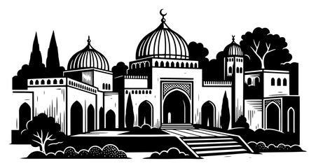 Oriental palace architecture with domes and arches in classic black and white style © Cristiano