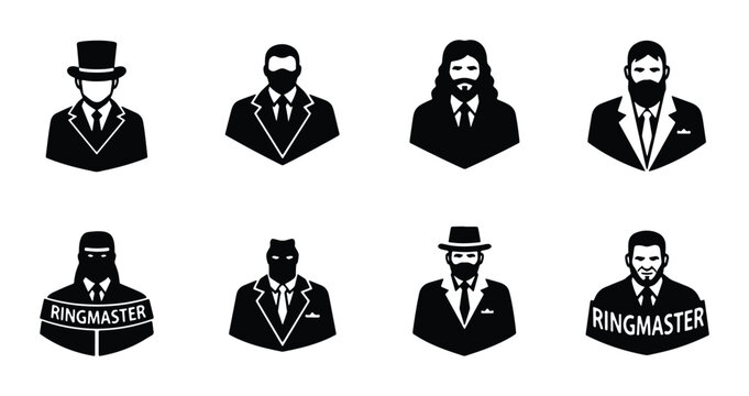 Diverse Male Figures Set, Business Suits & Top Hats, Ringmaster Icons, Professional Characters Vector Collection