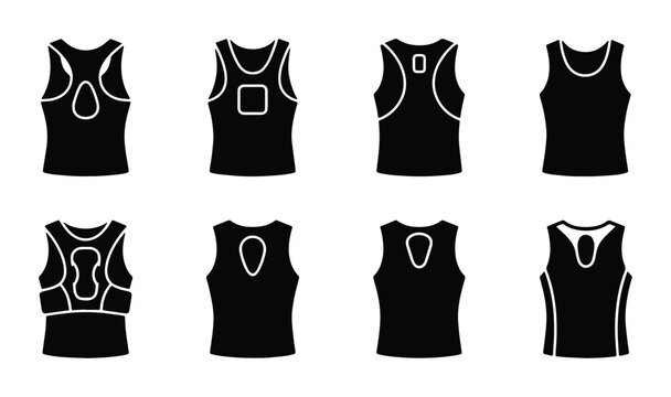 Set of 8 Black Tank Top Silhouettes, Sports Apparel Vector Icons, Athletic Wear Design Elements