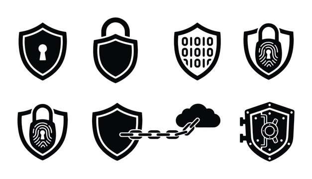 Cybersecurity Shield Icons, Digital Lock and Key Vector Set, Secure Data Protection Symbols, Technology Security Concepts