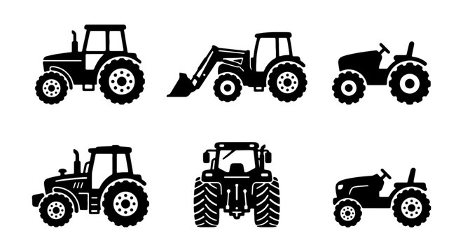 Farm Tractor Icons Set, Agricultural Vehicle Silhouettes, Heavy Machinery Collection
