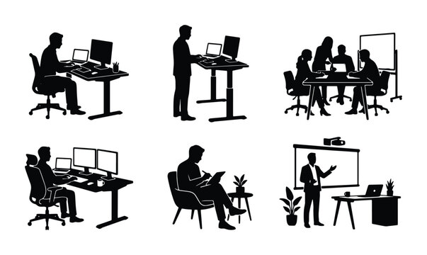 Modern Office Work Scenes, Diverse Professionals, Ergonomic Desks, Meeting Room, Presentation, Vector Silhouettes