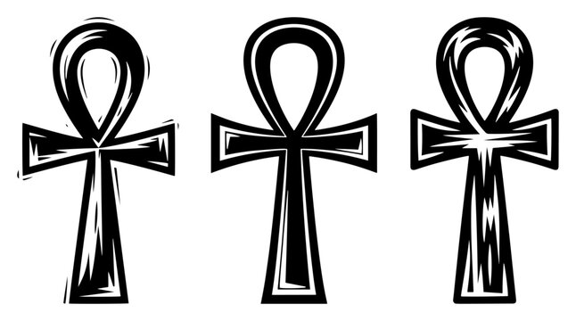 Ancient Egyptian ankh symbols representing eternal life in stylized black and white woodcut style