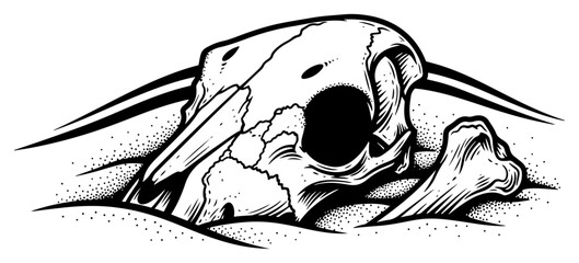 Animal skull and bones buried in desert sand in detailed engraving style