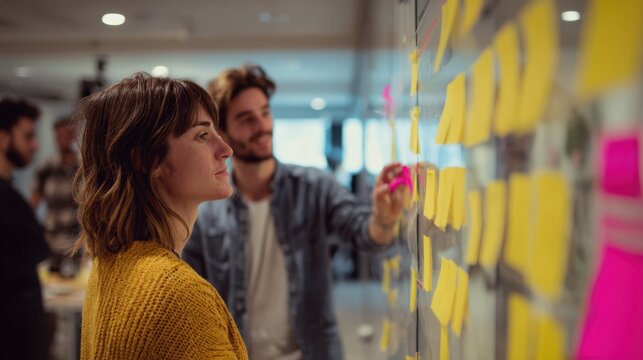 Creative team collaborating on project roadmap with sticky notes on glass board in modern office