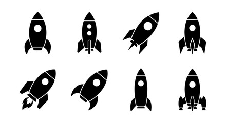 Rocket Ship Icons Set, Space Exploration Vector Graphics, Sci-Fi Launch Symbols, Black & White © Kazi