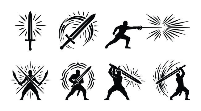 Sword Fighting Icons Set, Warrior Silhouette Emblems, Combat Weapon Graphics, Medieval Battle Symbols, Dynamic Action Poses