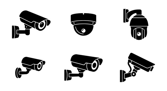 Security Camera Icons Set, Surveillance System Vector Graphics, CCTV Equipment Collection