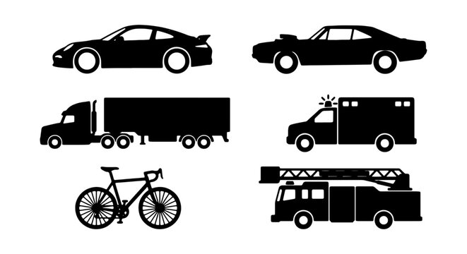 Vehicle Icons Set: Cars, Trucks, Ambulance, Fire Engine, Bicycle Silhouettes